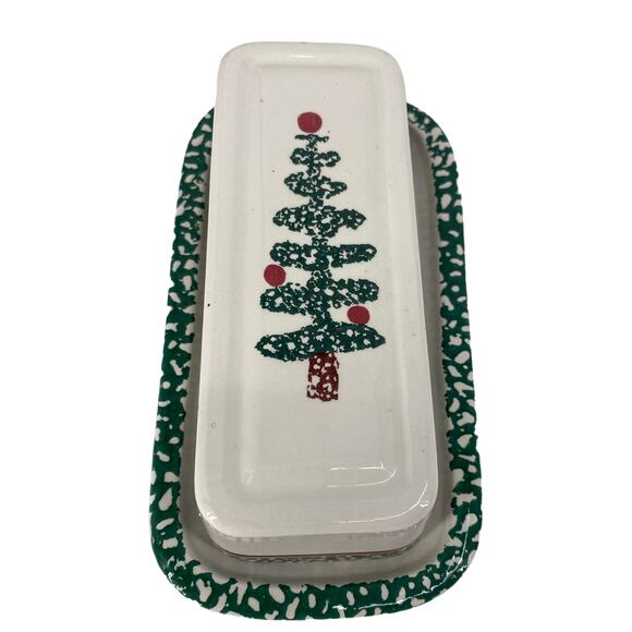 Furio Christmas Tree Sponge Holiday Butter Dish with lid Italy Stoneware - Picture 2 of 7